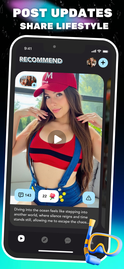 Zingo: Live & Private Chat - Una pantalla de móvil que muestra el feed de la app Zingo donde un usuario comparte una actualización de estilo de vida de buceo con una publicación de video e iconos de equipo de snorkel.