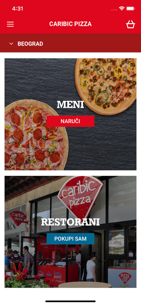 Pantalla de inicio de la aplicación móvil Caribic Pizza mostrando el menú y las opciones de ubicación del restaurante