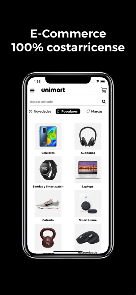 Unimart.com - 携帯電話やノートパソコンなどの様々なショッピングカテゴリが表示されたUnimartアプリのインターフェースを示すモバイル画面