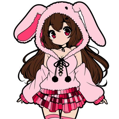 pretty anime girl wearing a fluffy hoodie with bunny ears on the hood and a skirt