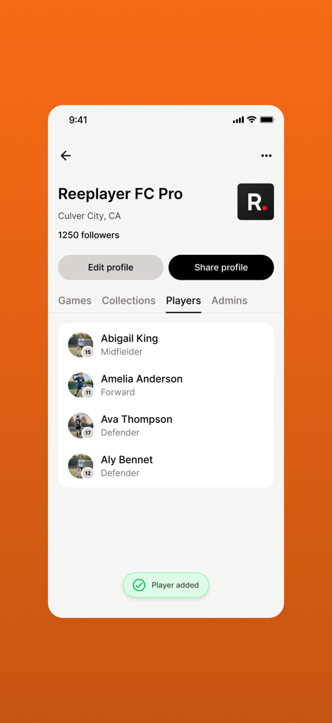 유소년 축구 선수 목록과 선수 추가 알림을 보여주는 Reeplayer 앱 팀 프로필 인터페이스