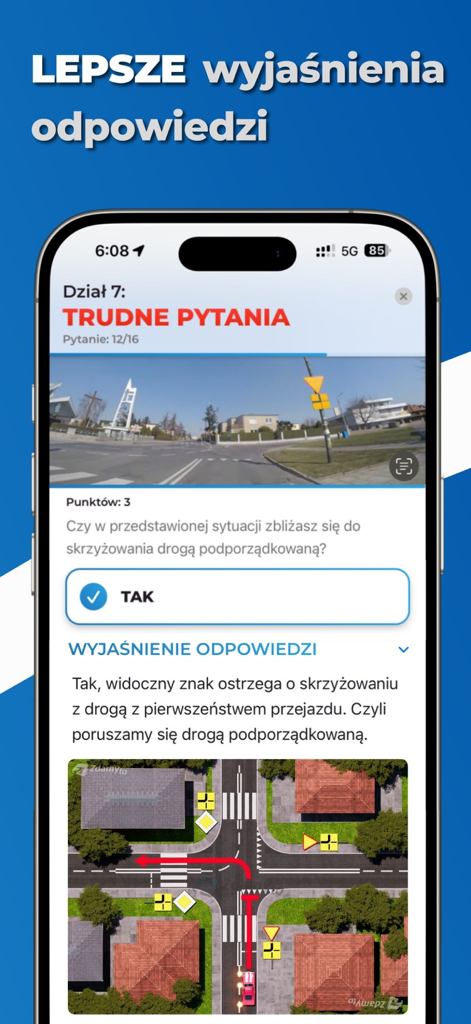 App Zdamyto che mostra una domanda d'esame di guida con diagramma di intersezione e spiegazione della risposta
