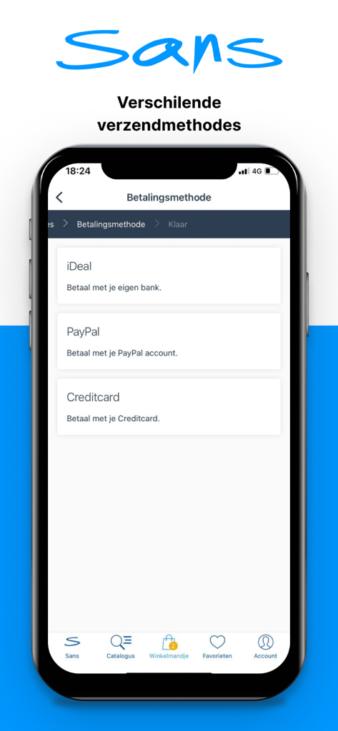 Sans Online mobile app payment method selection screen featuring iDeal PayPal and Creditcard options