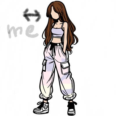 girl in baggy pants crop top and long hair