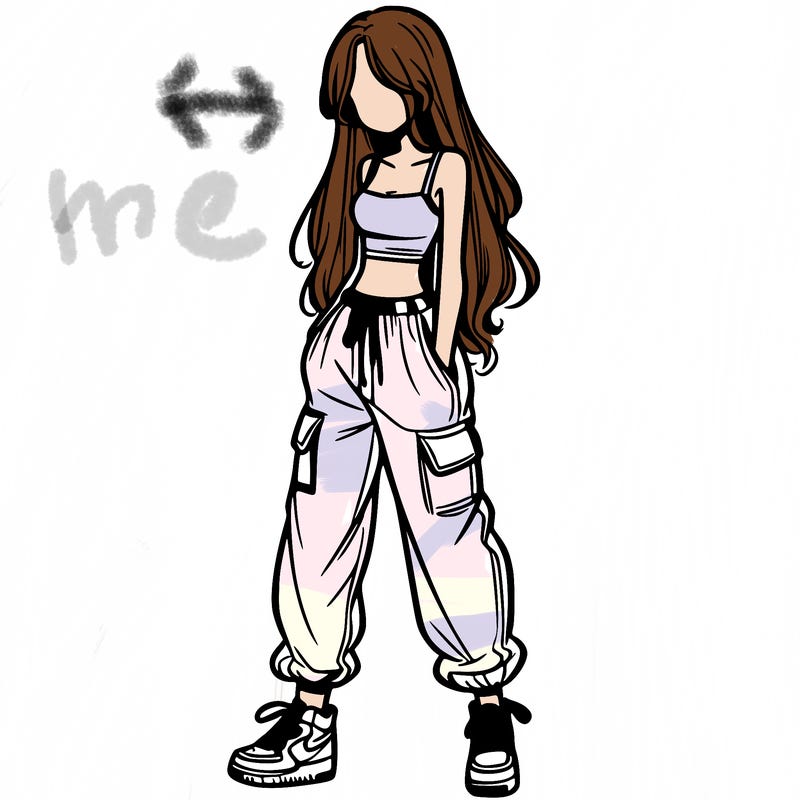 girl in baggy pants crop top and long hair