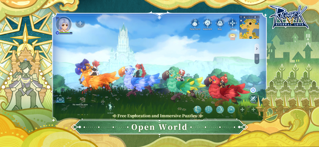 Personagens em montarias coloridas explorando uma paisagem de mundo aberto com um castelo ao fundo