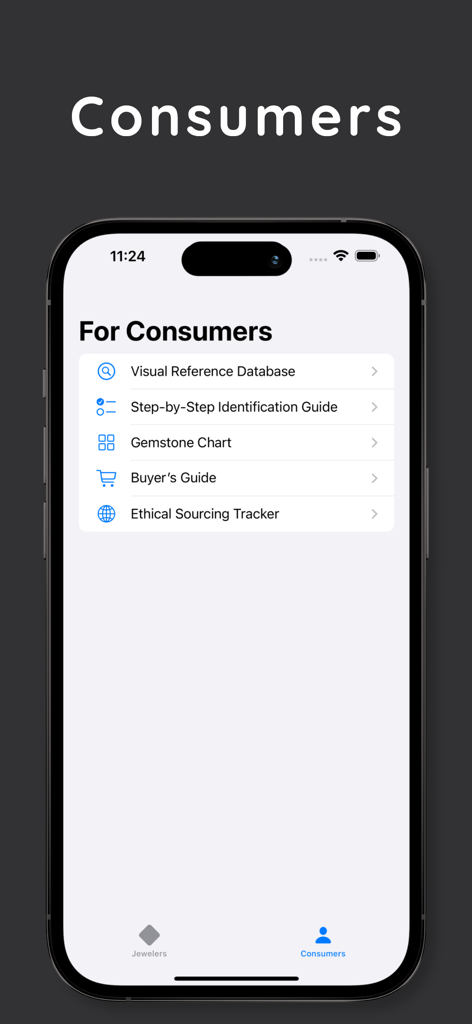 Gem Genius AI mobile app interface for consumers featuring gemstone identification and ethical sourcing tools.