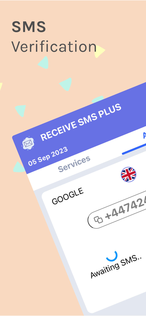 Receive SMS Plus - Interface do aplicativo Receber SMS Plus mostrando um número virtual aguardando verificação do Google