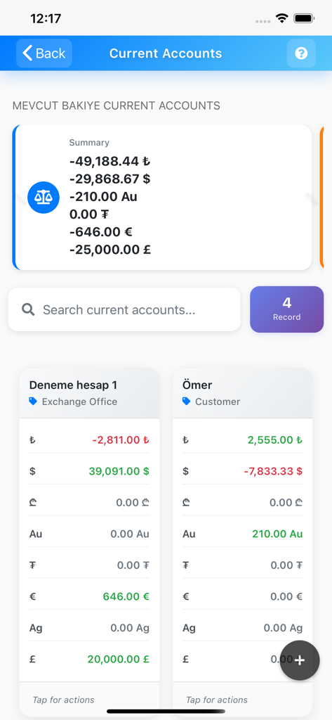 The Current Accounts screen showing a multi-currency summary and individual account balances for business tracking.
