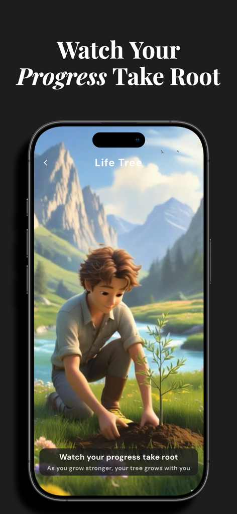 UNSHAKEN: Quit Porn Now - Screenshot of the Unshaken app Life Tree feature showing a character planting a tree to represent recovery progress.