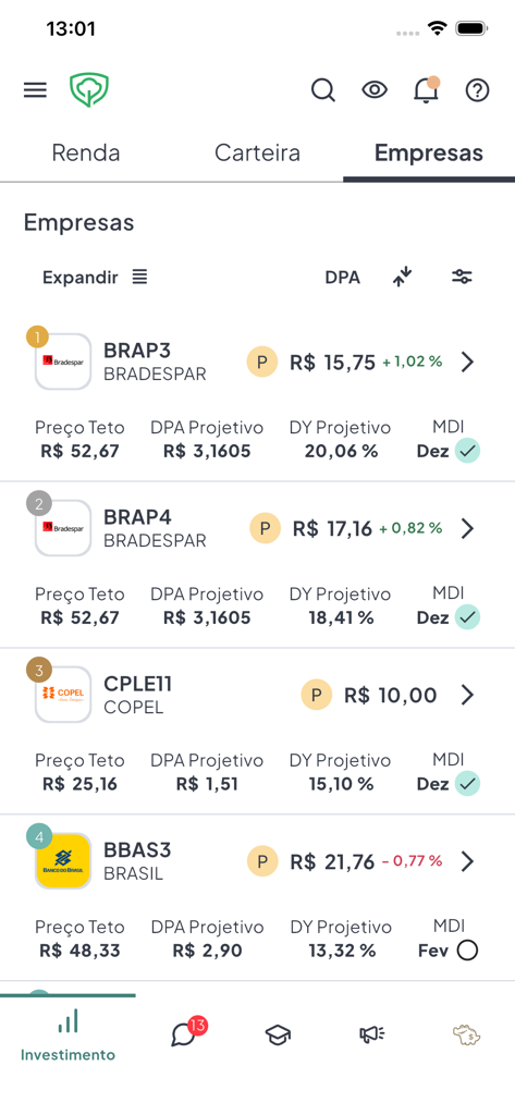 AGF App screen showing a list of Brazilian stocks with price ceilings and projected dividend yields
