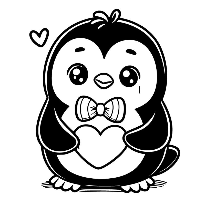 cute penguin with bow tie holding heart