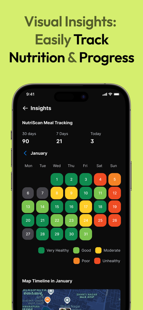 NutriScan: Calorie & Diet Plan - NutriScanアプリの月間カレンダービュー。非常に健康から不健康までの毎日の栄養健康評価が色分けされています。