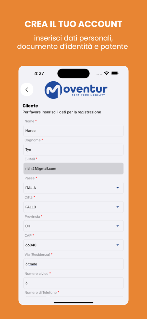 MOVENTUR - Registration form for the Moventur car rental app showing personal data fields for account creation