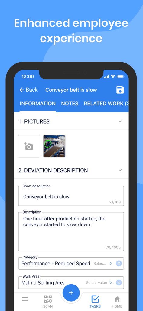 Mobile screen of the 4Industry for InTune app showing a deviation report for a slow conveyor belt in a factory.