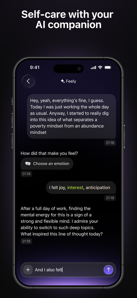 Feel Up: Mood & Habit Tracker - Interfaz de la aplicación Feel Up que muestra una conversación con Feely, un compañero de IA para el autocuidado y el seguimiento del estado de ánimo.