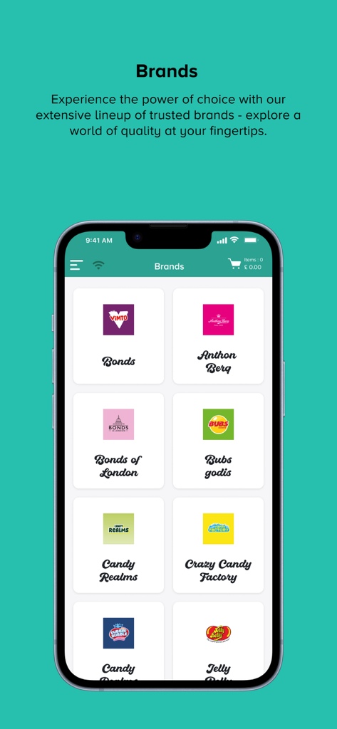 World of Sweets - Smartphone displaying the brands section of the World of Sweets B2B wholesale app for retailers