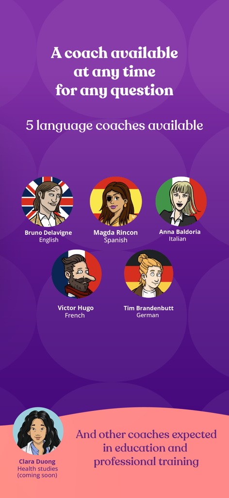 Aimigo Language Coach - Aimigo App-Oberfläche mit fünf KI-Sprachcoaches für Englisch, Spanisch, Italienisch, Französisch und Deutsch