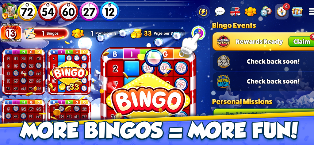 GamePoint Bingo Games of Bingo - GamePoint Bingo app interface showing multiple bingo cards and game events