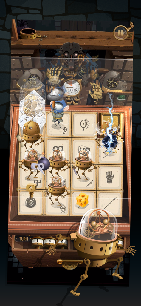 Tactical turn based gameplay of Maze Machina with a mouse hero and robot enemies on a 4x4 grid