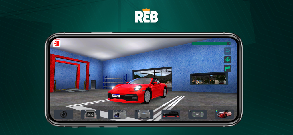 A red sports car in a customization garage within the Rebaixados Elite Brasil mobile game.