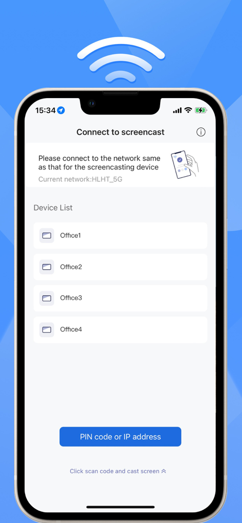 Airgo Cast app interface showing a list of office devices for wireless screencasting