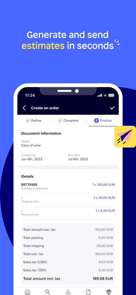 Sellsy CRM - Sellsy CRM mobile interface showing a finalized sales estimate ready for sending.
