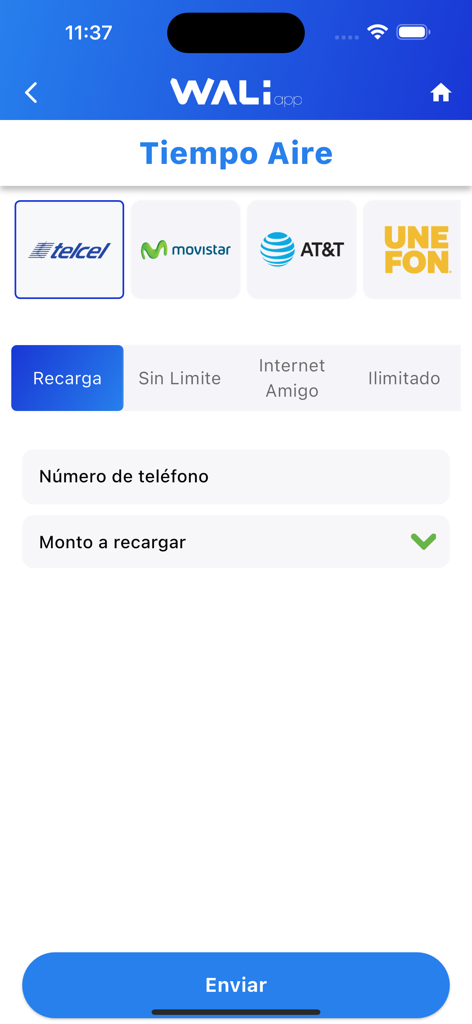WALIApp - WALIApp screen for mobile airtime recharges featuring logos for Telcel, Movistar, AT&T, and Unefon.