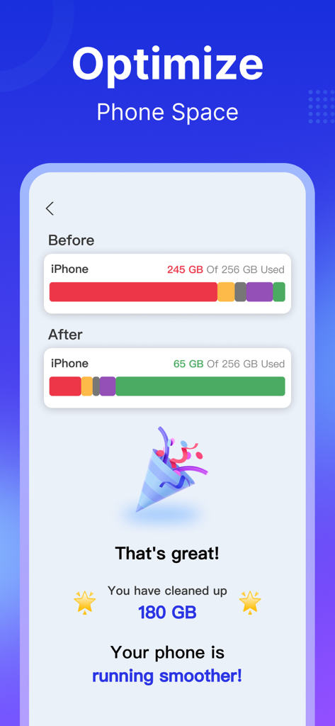 GoCleaner 앱 사용 전후 비교: 180GB 저장 공간 정리 및 최적화된 모습