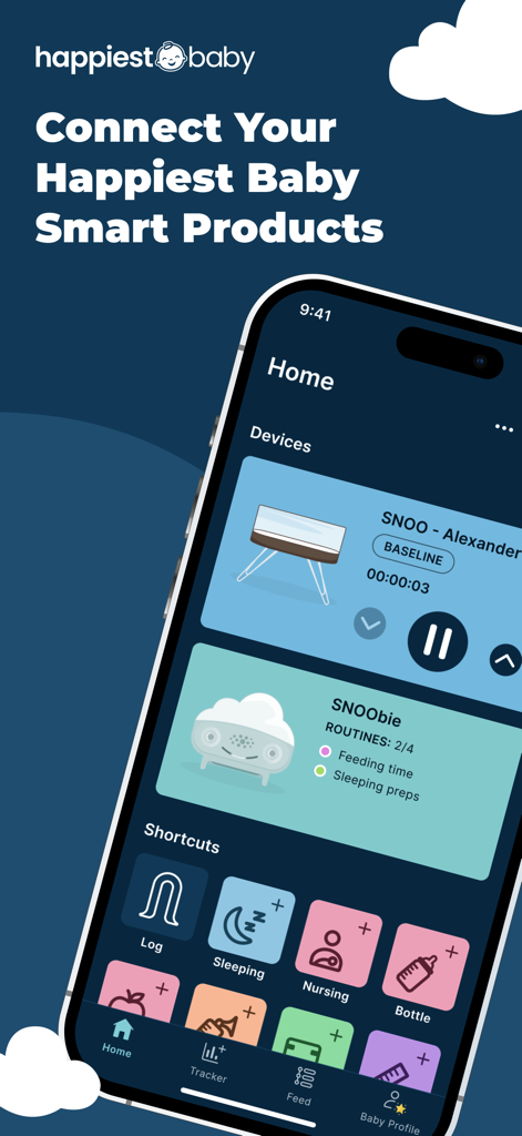 The Happiest Baby app home screen displaying controls for SNOO and SNOObie devices alongside parenting activity tracking shortcuts.