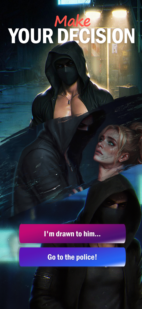 Senses - Choose Romance Story - 謎めいた仮面の男性とプレイヤーの選択肢が登場する、インタラクティブ ロマンス ゲームのドラマチックな決定画面。