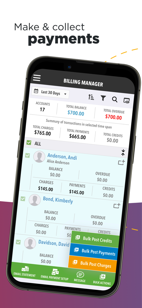 SportsEngine Motion - SportsEngine Motion billing manager interface showing account payments and balances