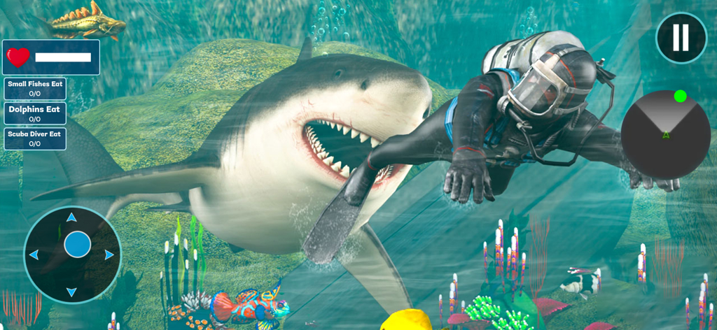 Angry Shark Hunt: Shark Games - A hungry shark attacking a scuba diver in an underwater survival game