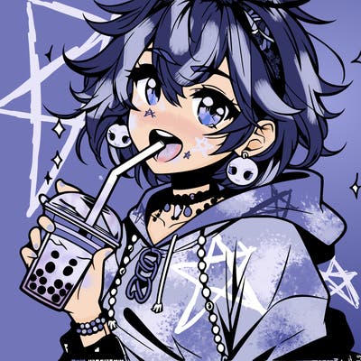 hot baddie anime girl drinking boba and biting the straw