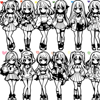 ten girls in a horizontal line anime themed that look unique and pretty and each on is different. they are wearing different shirts and pants (or skirts.)