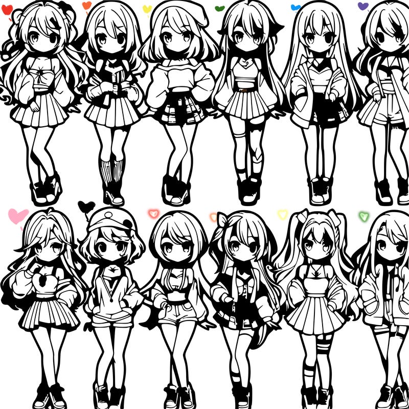 ten girls in a horizontal line anime themed that look unique and pretty and each on is different. they are wearing different shirts and pants (or skirts.)