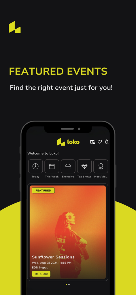 Loko - Explore. Experience. - Smartphone screen showing the Loko app home page with featured events and discovery icons