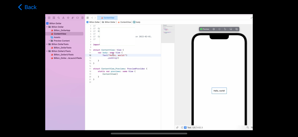 The Developer - Interface showing Swift code and a mobile preview inside The Developer app tutorial