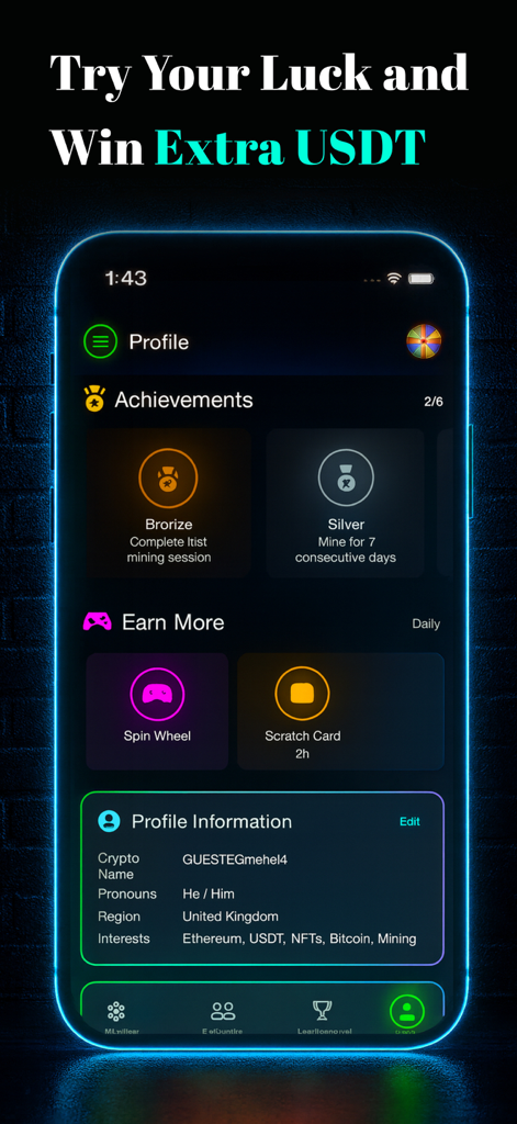 Profile screen of USDT Mining app showing user achievements and simulated mini games
