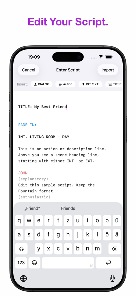 A mobile interface for Script Buddy showing the script editing and writing feature in Fountain format