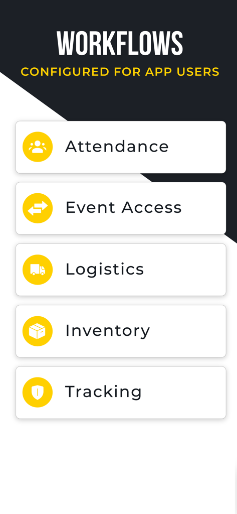 Mobile app screen showing workflows for attendance event access logistics inventory and tracking