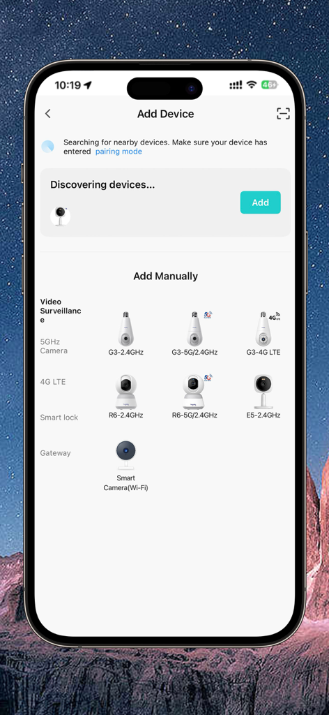 Bildschirm zum Hinzufügen von Geräten in der Hugolog Connect App mit Optionen für Smart-Kameras zur manuellen Einrichtung
