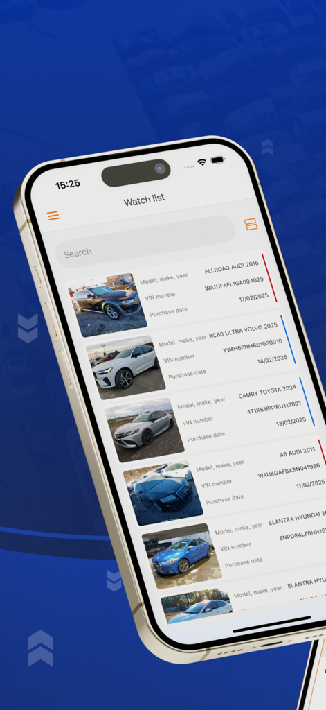 A interface do aplicativo Bidder Tool exibindo uma lista de observação de carros com fotos, informações do modelo e números VIN.