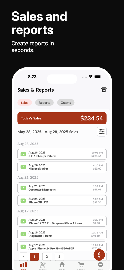 Repair Spots - A mobile screen from the Repair Spots app displaying sales history records and daily revenue reports