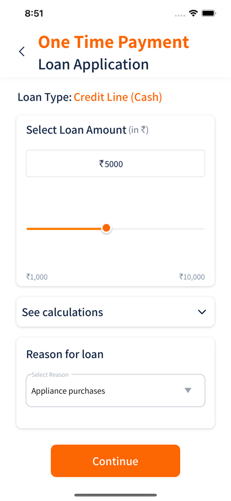 PayMe app interface for selecting a loan amount and reason for a one-time payment personal loan