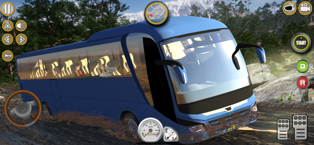 Offroad Mud Bus Simulator Game - Un autobús de pasajeros azul conduciendo a través de barro profundo en una pista de montaña todoterreno