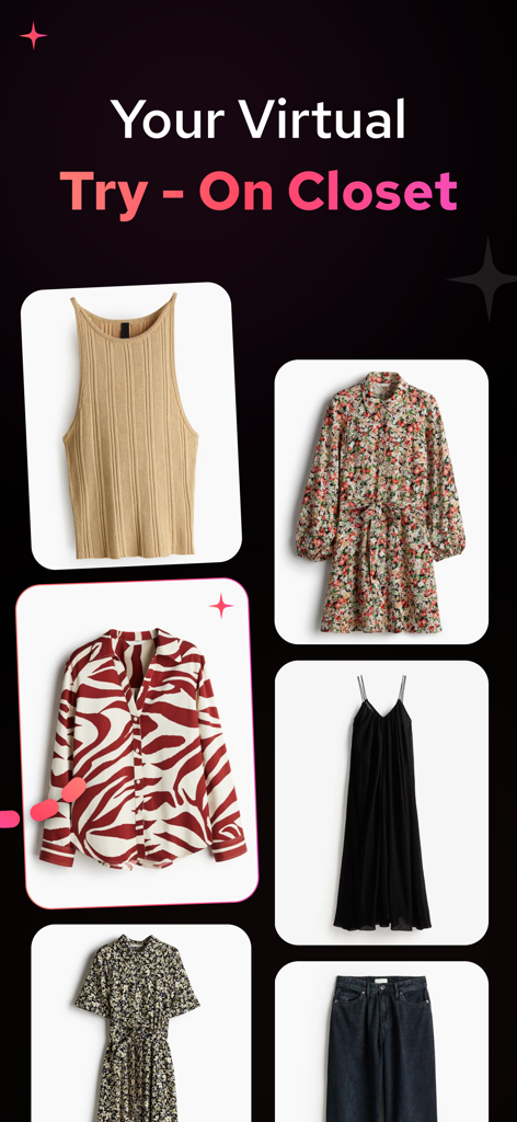 A selection of various clothing items in a virtual try-on closet interface