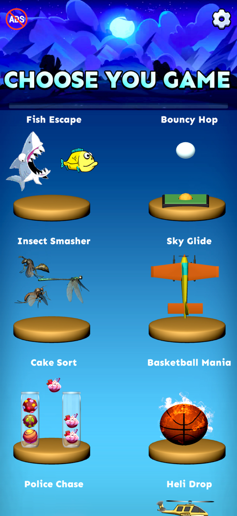 Fun Mini Games: No WiFi - Interface do menu principal de Jogos Divertidos mostrando várias opções de jogos offline