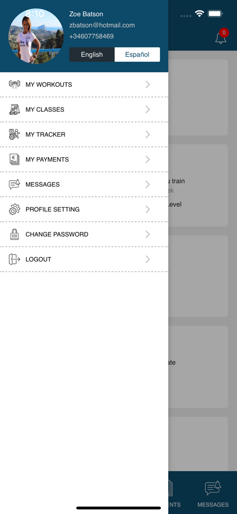 NeoFit - Side menu of the NeoFit fitness app showing user profile details and navigation links for workouts and classes