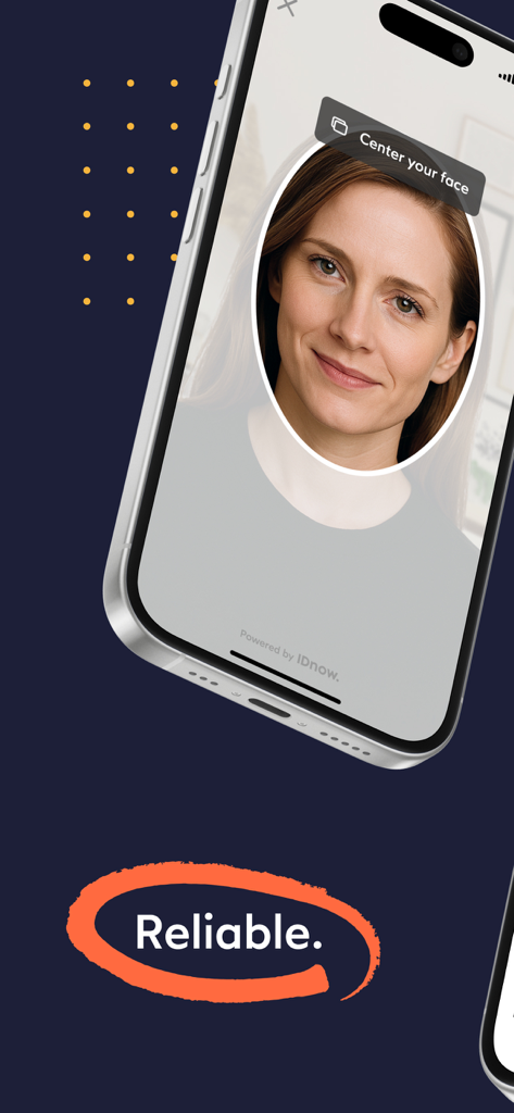 IDnow Verify - A mobile app interface showing a facial recognition scan for secure identity verification with the word Reliable highlighted